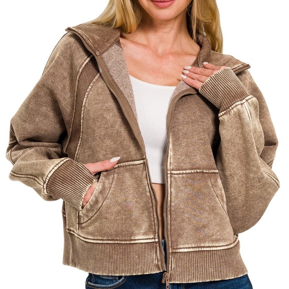 Zenana Acid Wash Zip‎ Up Fleece Jacket - Picture 2 of 2